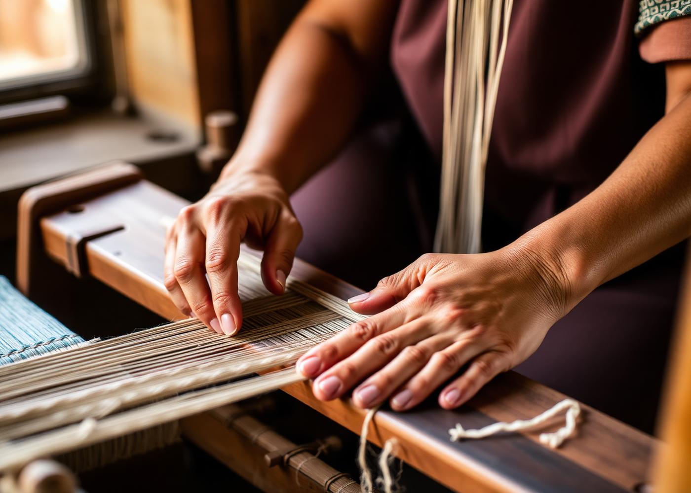 Hands weaving on a wooden loom